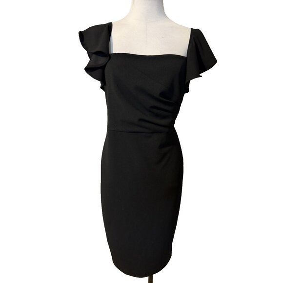 Calvin Klein Sheath Dress 14 Black Short Flutter Sleeve Square Neck Stretch - Picture 1 of 11